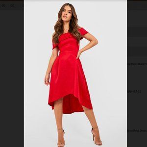 BOOHOO Red Rella Off The Shoulder Dip Hem Skater Midi Dress Size 10